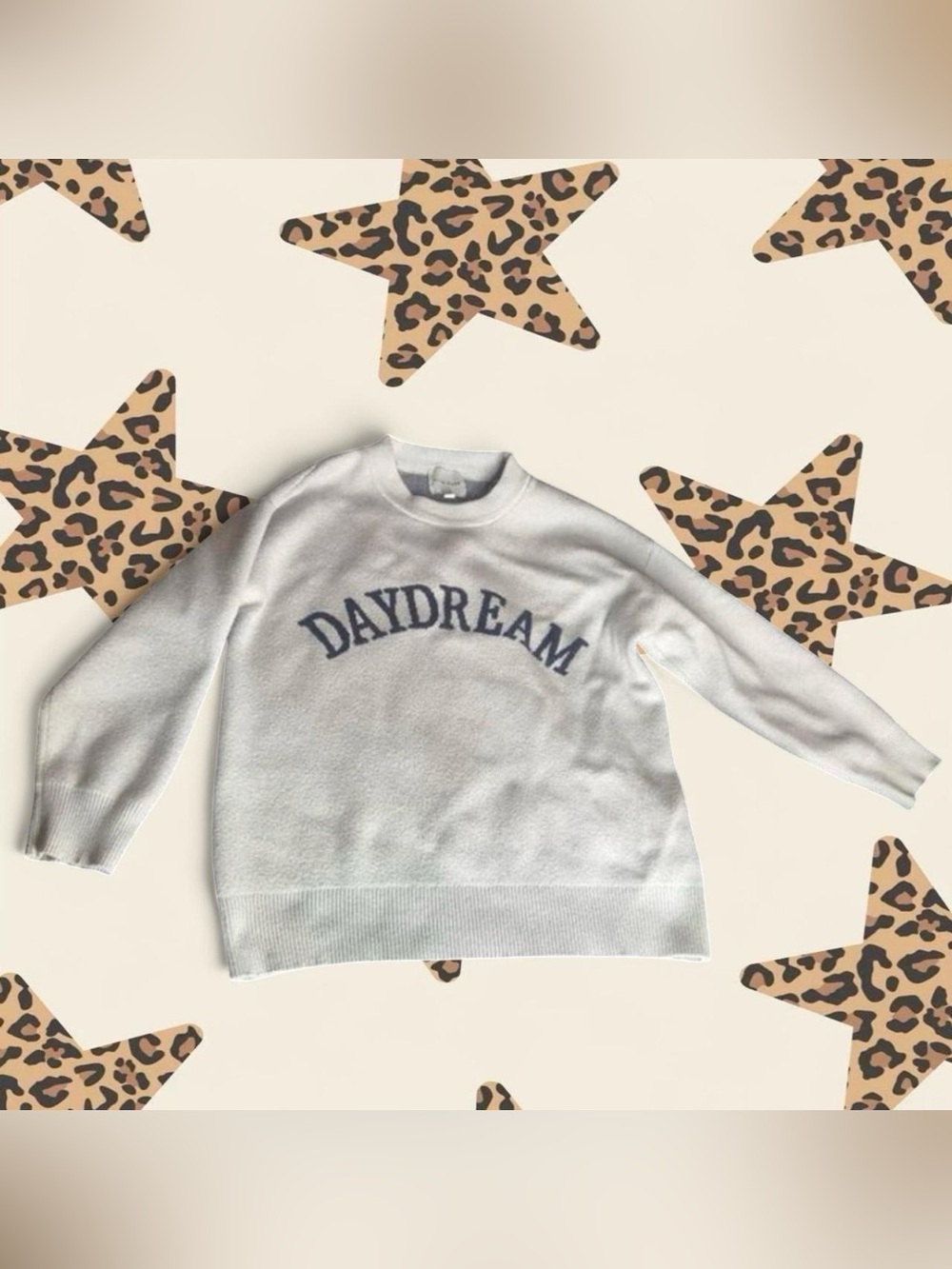 Pink Rose White Crewneck Sweater with Blue 'DAYDREAM' Print